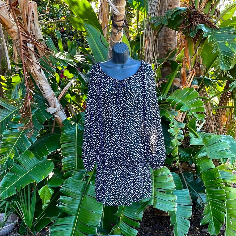 Jones, New York polkadot sheer off the shoulder drop waist blouse
